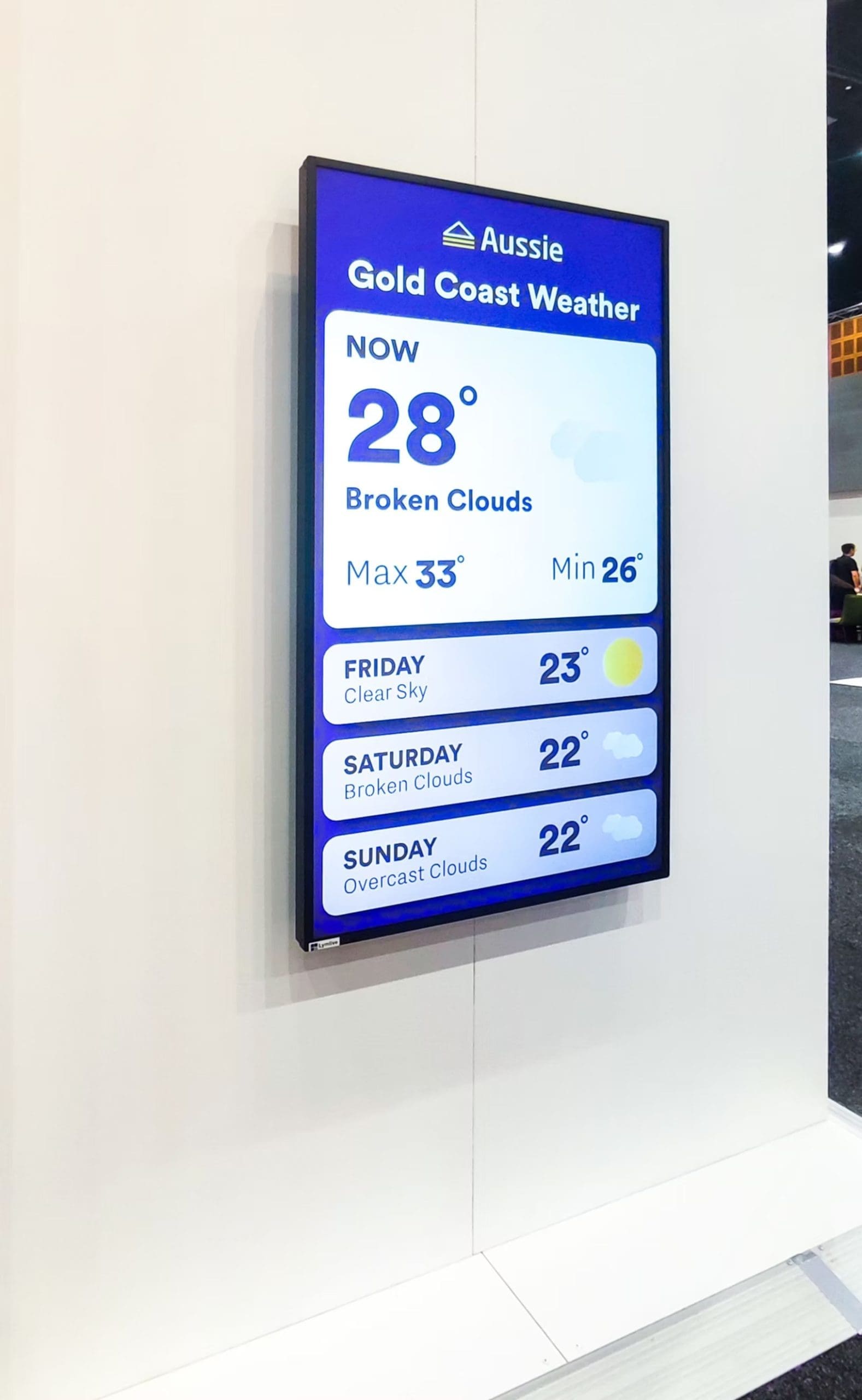 Wall-mounted digital display showing Gold Coast weather forecast inside a modern exhibition booth.