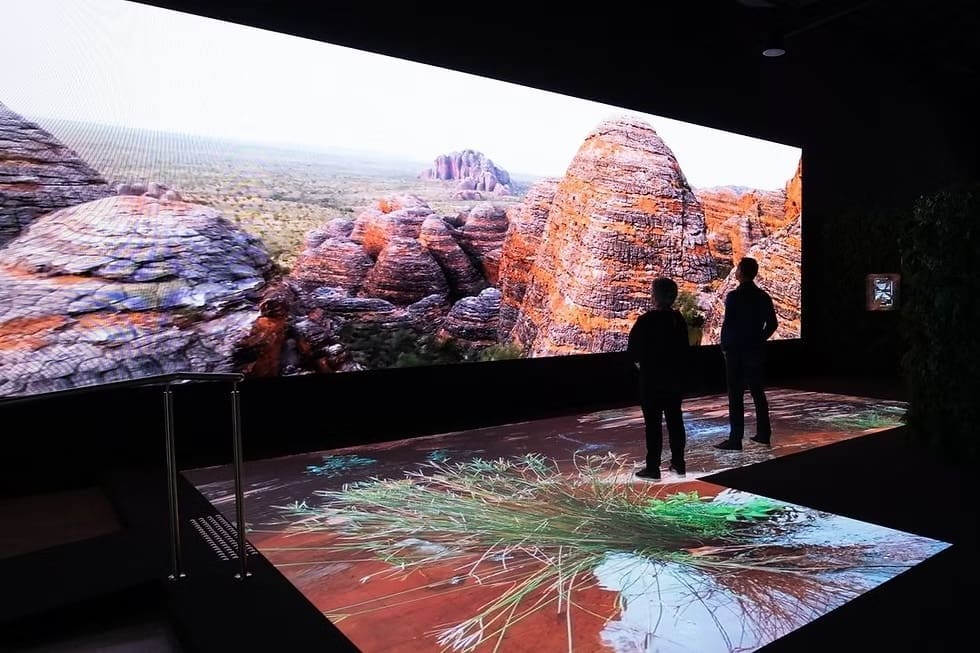 Immersive LED wall installation at the BYD Megastore displaying a panoramic landscape visual.