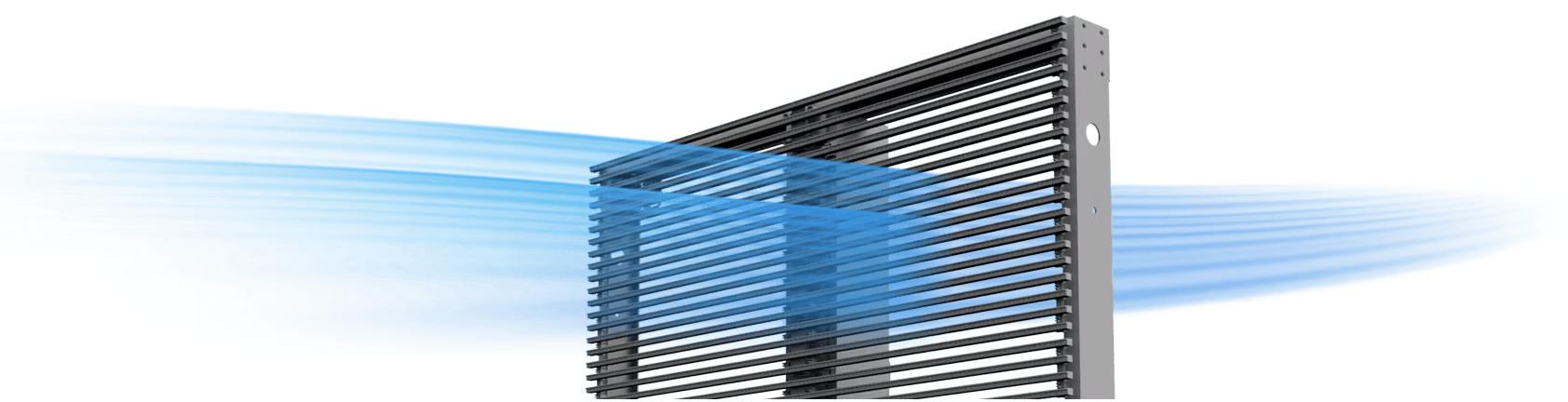 Slim LED panel with airflow lines illustrating the ventilation and cooling system design of the screen