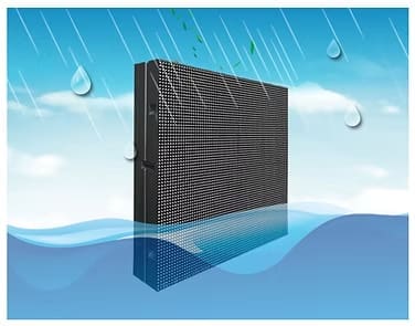 Outdoor LED display module with waterproof protection shown against blue background with rain graphics.