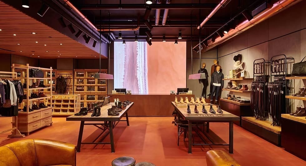 Interior display of R.M. Williams store featuring boots and leather goods with warm lighting and LED wall.